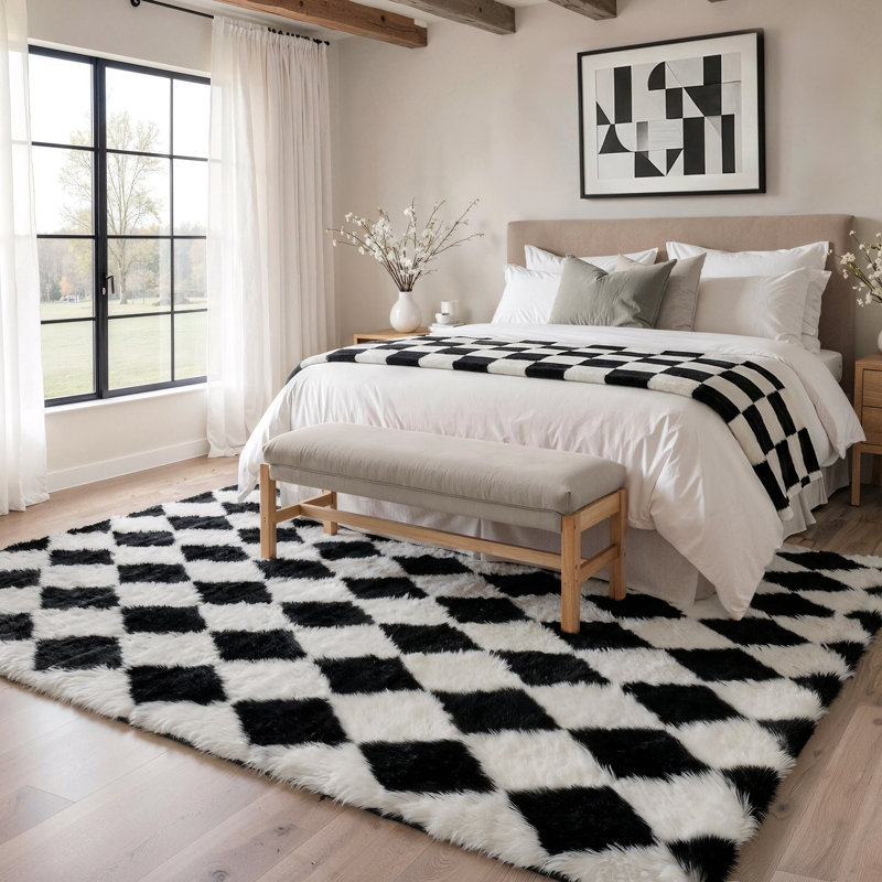 Machine-Washable Checkered Shag Area Rug, Black/White, Rectangle 240 x 300 cm