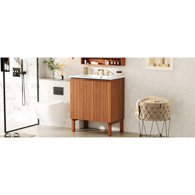 Meuble-lavabo minimaliste rétro, lavabo en céramique, 45 degrés, espace spacieux, apparence naturelle et confort