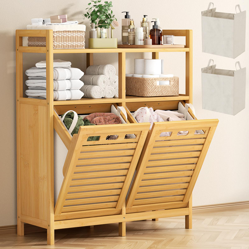 Tilt Out Laundry Hamper Cabinet, Bamboo Double Laundry Hamper With 2 Removable Laundry Baskets(Natural), Natural