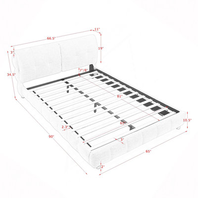 Lit plateforme en tissu bouclé de style crème, structure rembourrée en forme de nuage doux avec pieds en bois massif, aucun sommier nécessaire