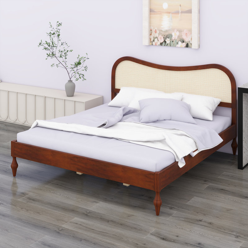 Cadre de lit de style médiéval moderne avec tête de lit courbée en rotin de style scandinave bohémien, Walnut