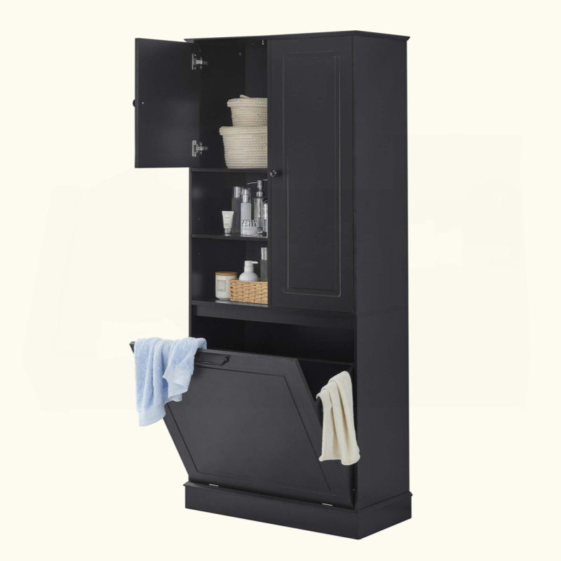 Tall Storage Cabinet With Adjustable Shelves, Large Flip-Out Basket & Enclosed Cabinets – Perfect For Bathroom, Living Room, Or Office, MDF Material With Aluminum Alloy Handles