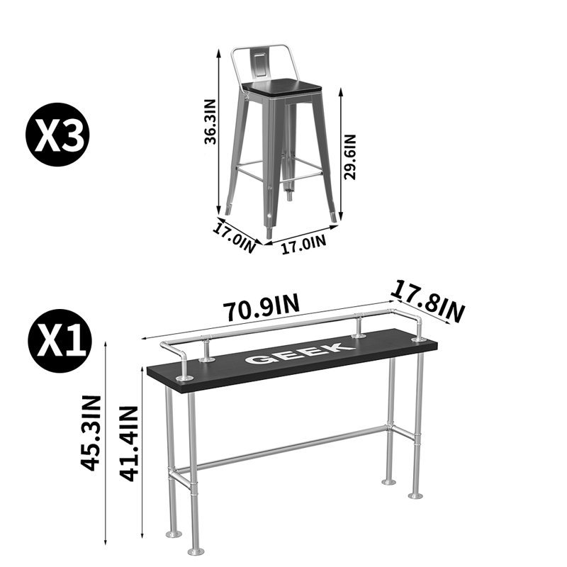 Ensemble de table haute et chaises style industriel L 70,9 po x l 17,8 po