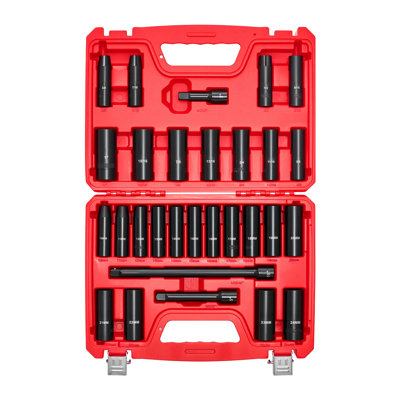 Ensemble de douilles à chocs 1/2 "Professional 29 pièces avec douilles profondes en acier Cr-V (SAE et métrique) et étui de transport robuste rouge