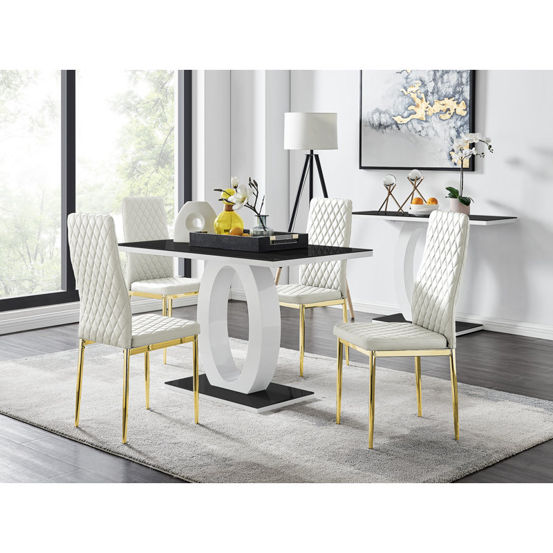 Eubanks 4 Black Dining Table & 4 Grey Gold Leg Chairs, White/Gold