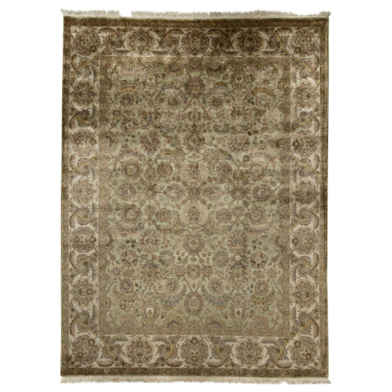 Hand Knotted Area Rug in Green And Cream