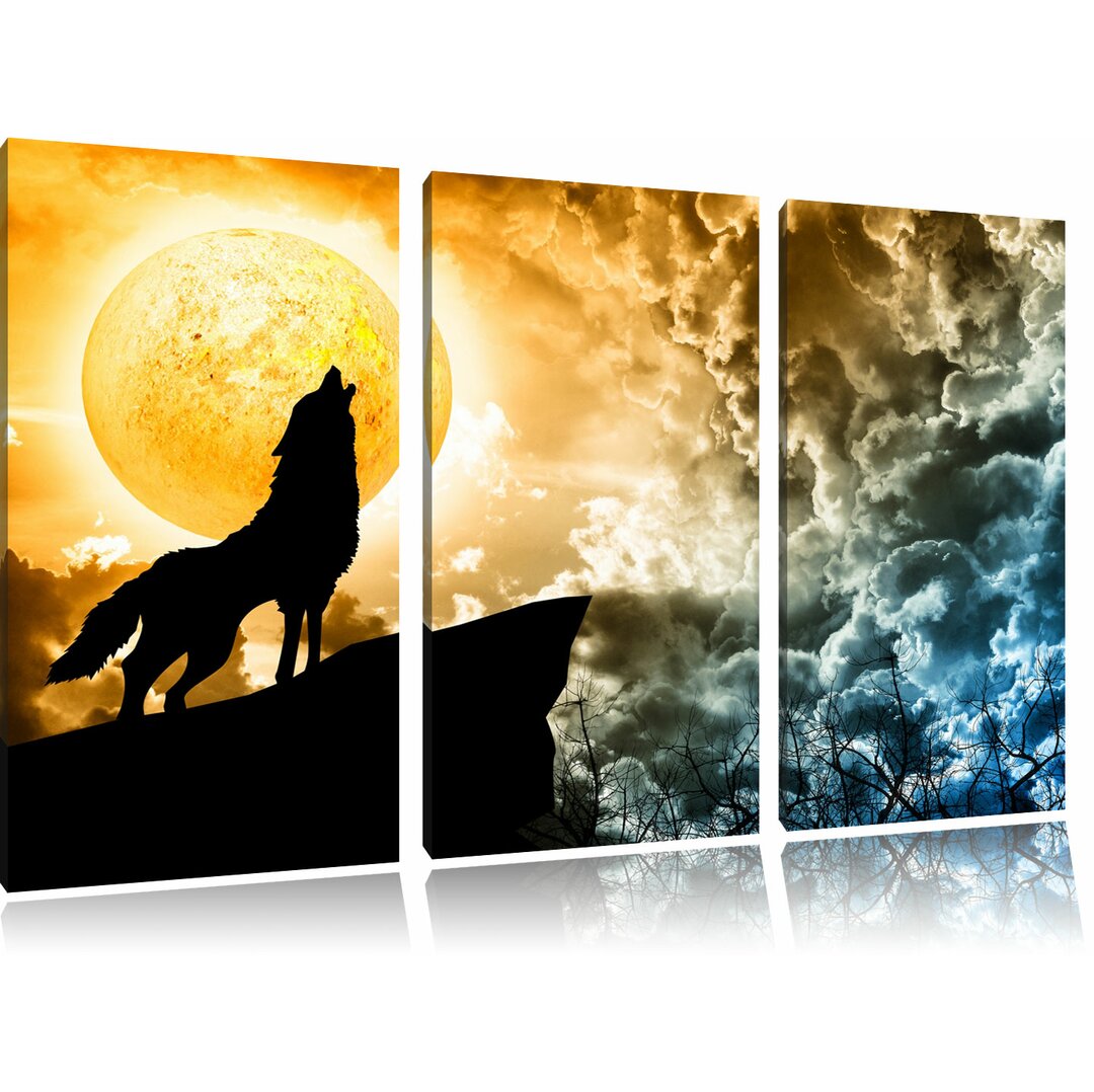 3-tlg. Leinwandbilder-Set „Wolf heult den Mond an als", Grafikdruck