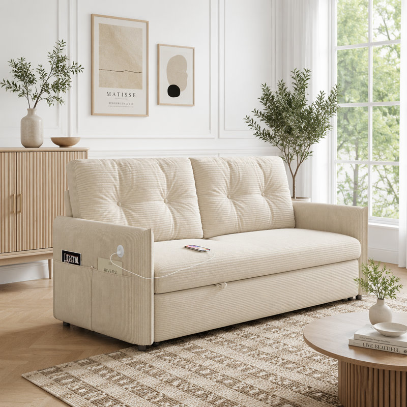 Canapé-lit convertible avec cadre en acier et tissu velours côtelé doux, Beige Corduroy
