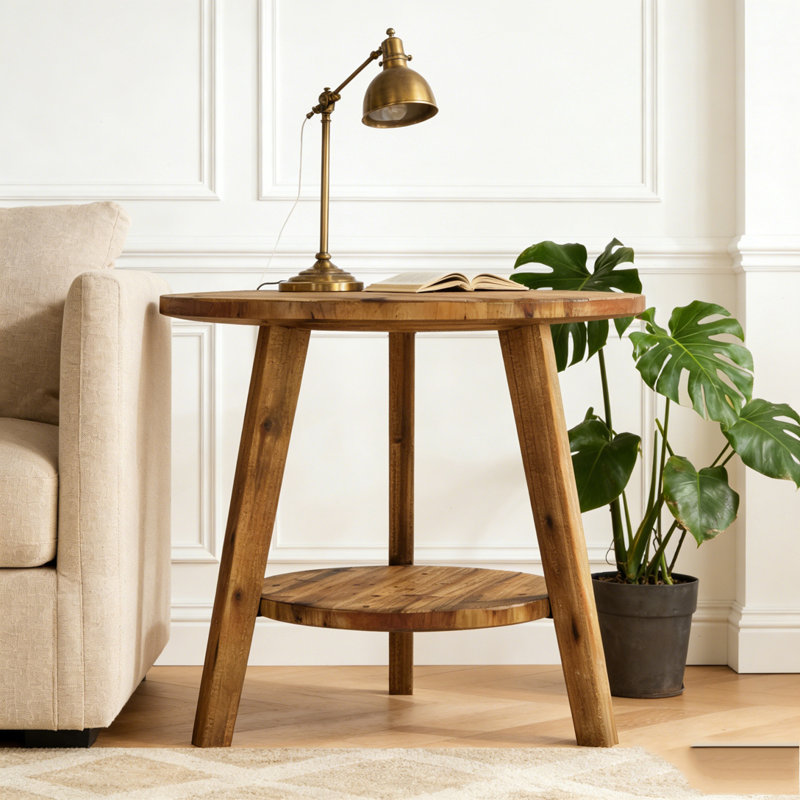 Table de bout ronde en bois massif avec tablette de rangement Farmhouse