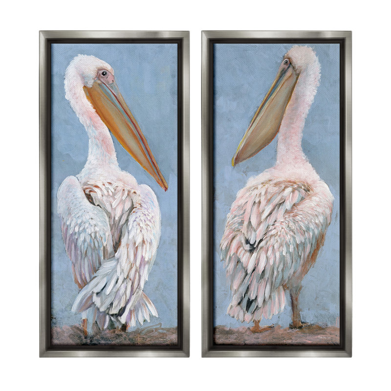 «Classic Pelicans Gazing» par Steller Design Studio 2 - Pièces sur, Cadre flottant gris lustré, H 25 po x l 11 po