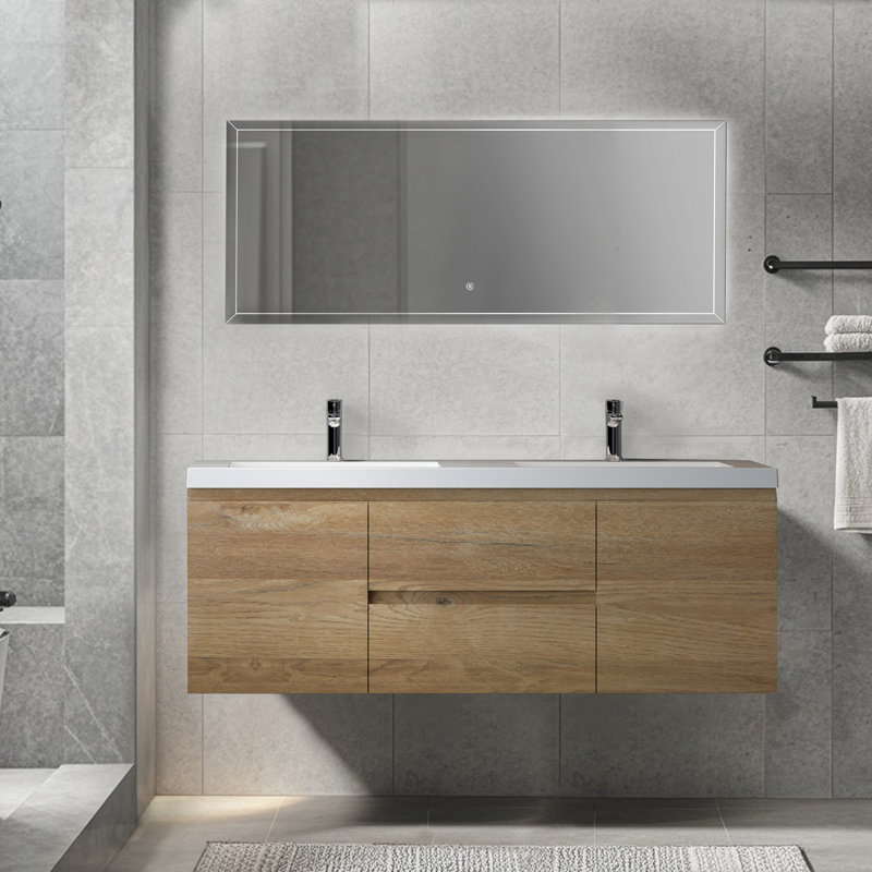 Meuble-lavabo flottant mural 60 po en chêne naturel avec double surface de comptoir blanche, Chêne naturel