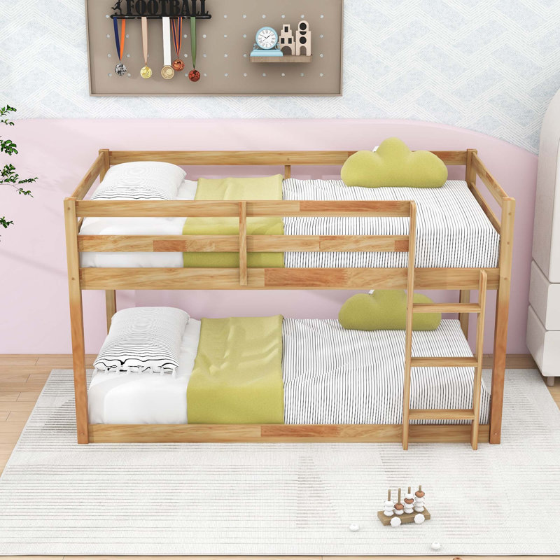 Twin Over Twin Wooden Floor Bunk Bed With Ladder And Guardrails, Natural
