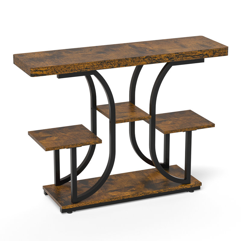 42.5" Console Table, Industrial 4-Tier Sofa Table Entryway Table With Curved Base, Narrow Wood Accent Tables With Storage Shelves For Living Room, Hallway, Foyer, Rustic Brown