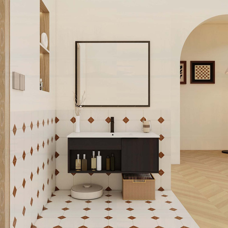 Floating Bathroom Vanity with Ceramic Sink,Open Shelf and Soft-Close Door,Space-Saving Design