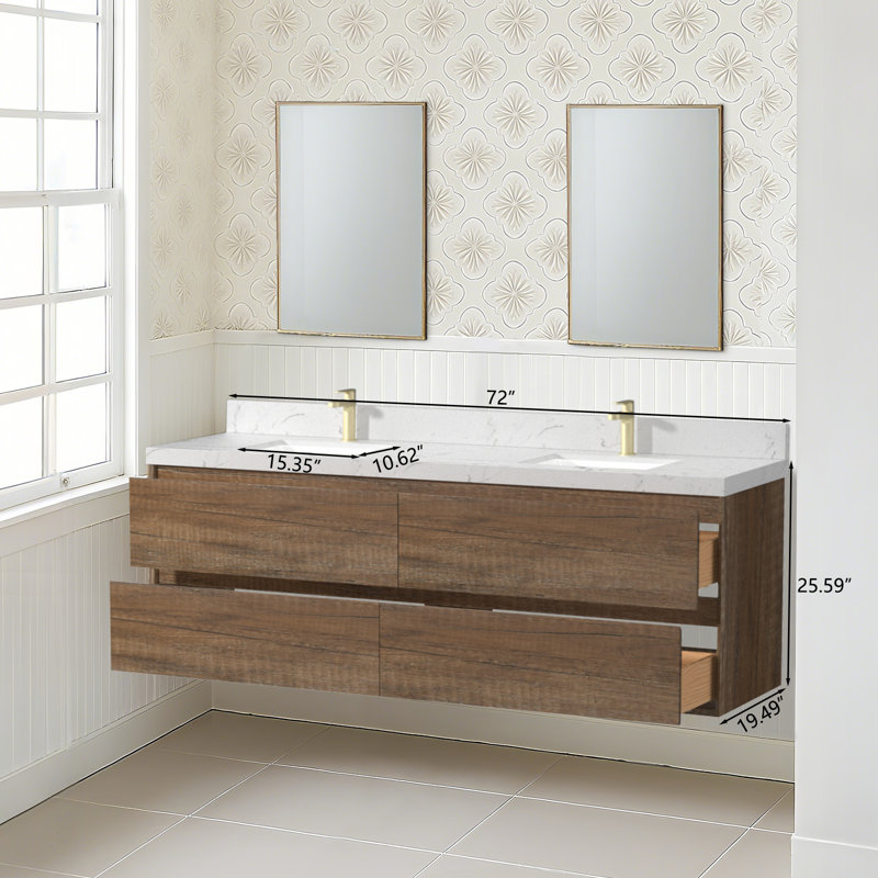 Tiberiu Floating Bathroom Vanity With Sink, Antique Oak, 72"