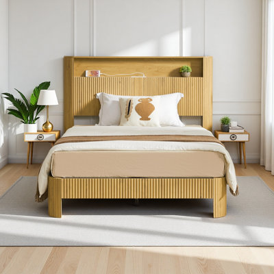 Full Extra Long(Full XL) Size Bed Frame With Storage Headboard, Built-In Charging Station, Wavy Curved Lines Design, Silent Operation, Metal Support