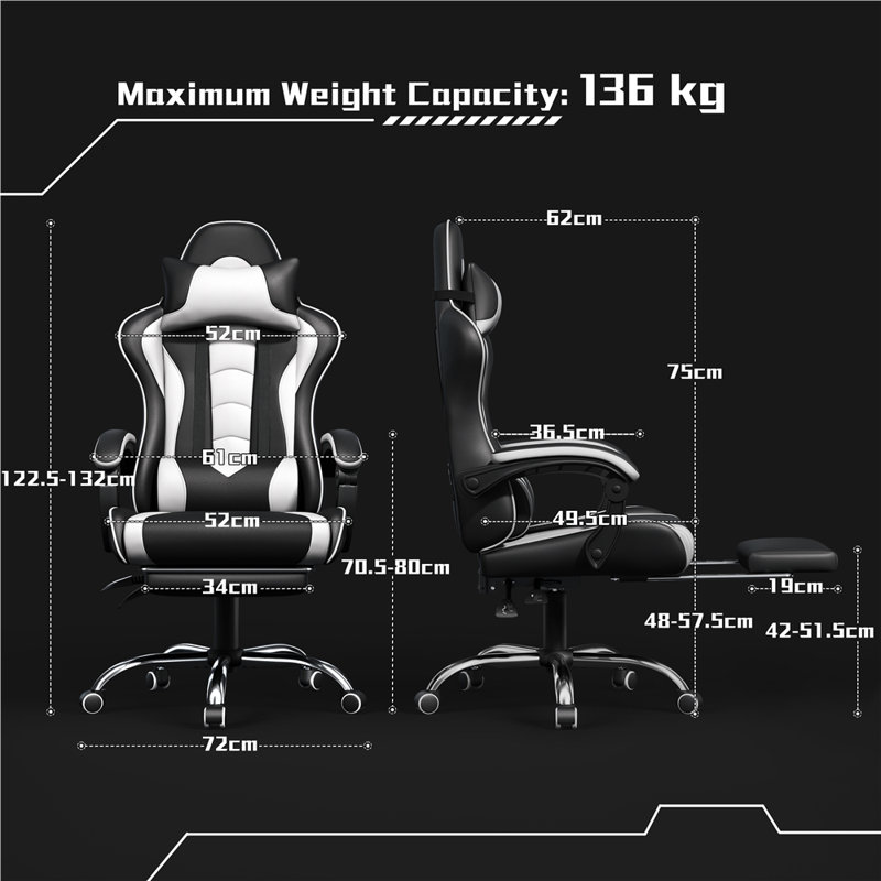 Metro Lane Adjustable Reclining Ergonomic Faux Leather Swiveling PC & Racing Game Chair with Footrest, Black/White