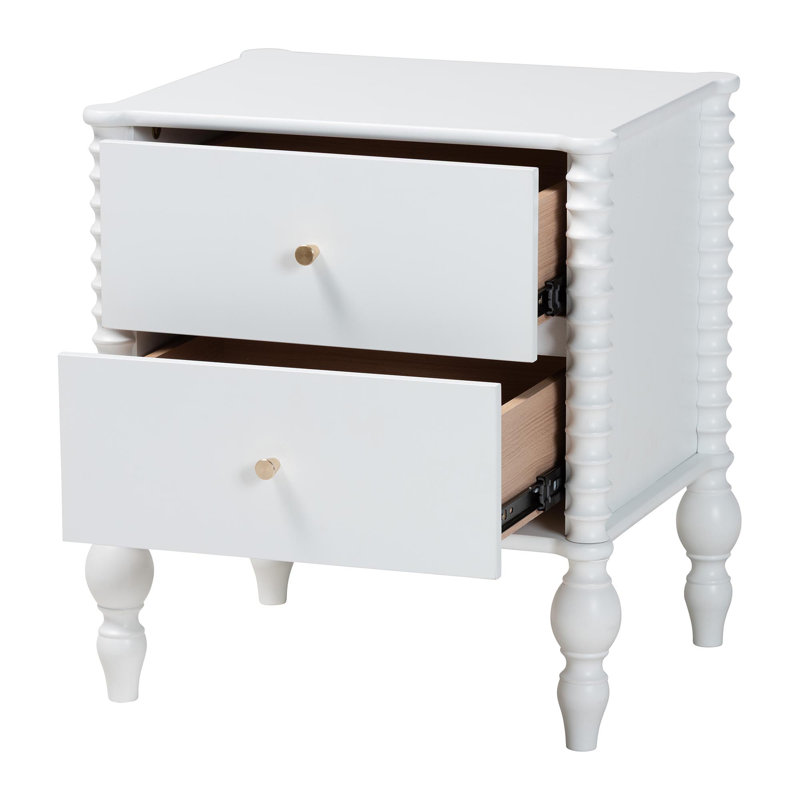 Table de chevet à 2 tiroirs Baxton Studio Rockwell Spindle, Blanc