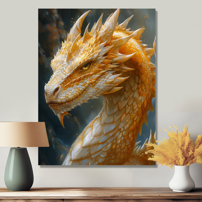 Reproduction d'art jaune et blanc avec griffes dorées et dragon
