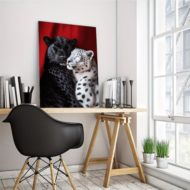 30*20，2D Flat, 1pc, Wooden Framed Canvas Art Print- Black Leopard& Snow Leopard Hugging on Red Background, Vertical Wall Decor with Hook Installation.