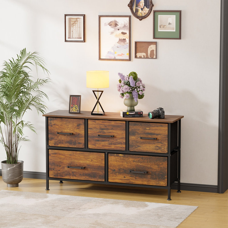 Fabric Dresser with 5 Drawers for Bedroom Closet Dresser with Metal Frame and Wooden Top Tall Storage Tower Double Dresser Chest of Drawers for Closet Living Room and Entryway, Nature
