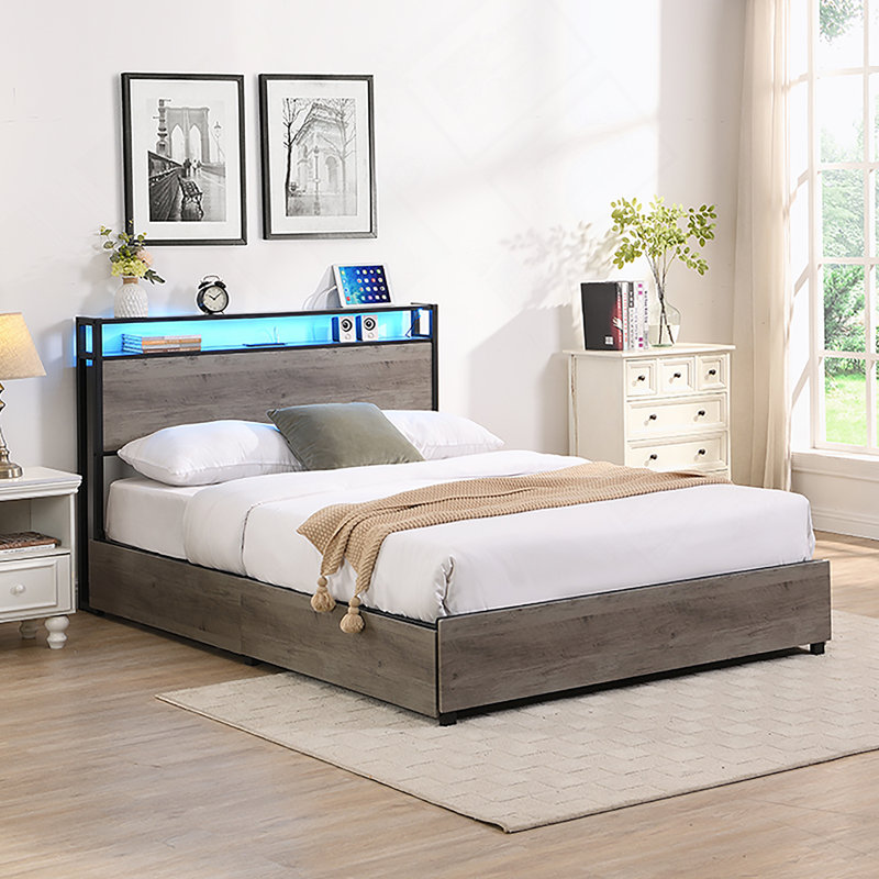 Lit de rangement avec station de charge, Brun-noir, King