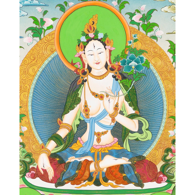 Tara blanche assise sur un lotus Thangka (Brocadeless Thangka)