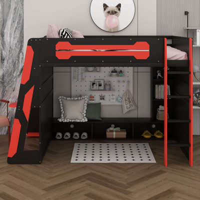 Lit mezzanine pleine grandeur avec bureau, structure de lit mezzanine en bois avec tablettes, lumière RVB et station de charge pour enfants, adolescents et adultes