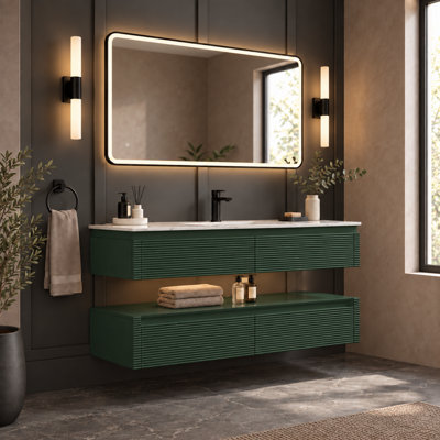 Meuble-lavabo mural simple Dwi 48 po avec comptoir en marbre reconstitué, armoire cannelée moderne, lavabo encastré en porcelaine, tiroirs à fermeture amortie et éclairage intégré