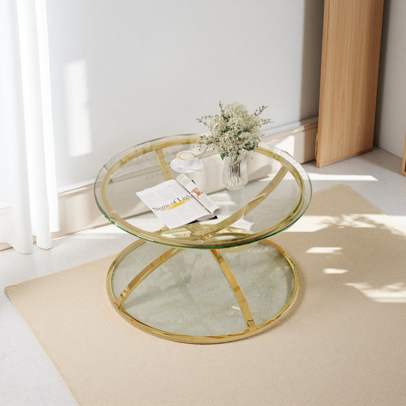 Table basse 31,50 "en verre moderne avec 2 niveaux, cadres en forme d'anneau, structure en métal et verre trempé transparent