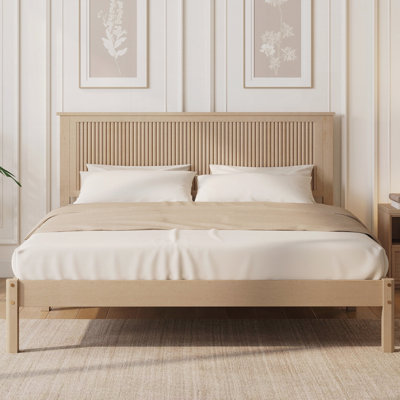 Queen Size Solid Rubber Wood Bed with Wave-Styled Headboard