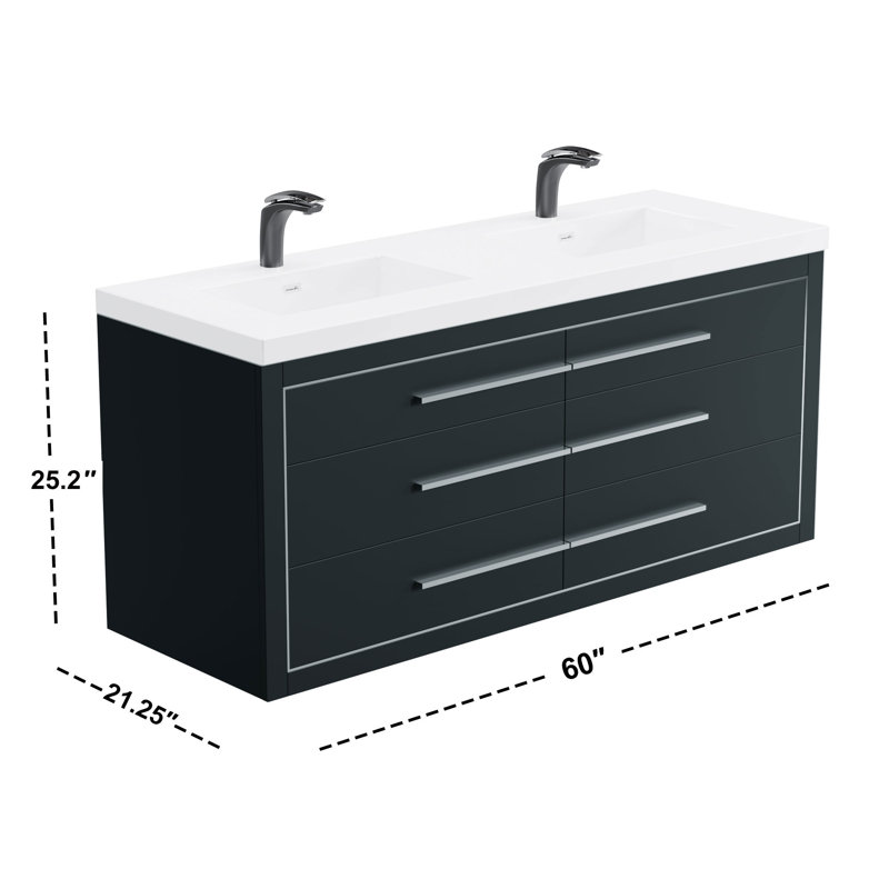 61 " W Free Standing Wall Mounted 1 Single Double Vanity Bathroom Vanity With Solid Surface Top, Charcoal, Chrome