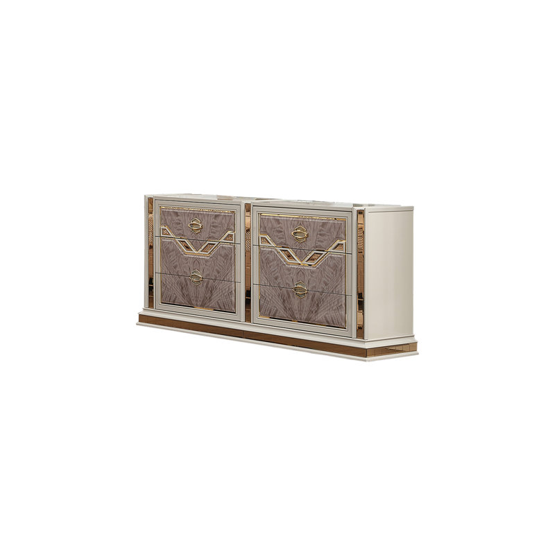 Commode à 6 tiroirs de style moderne Omari en bois et accents dorés beiges