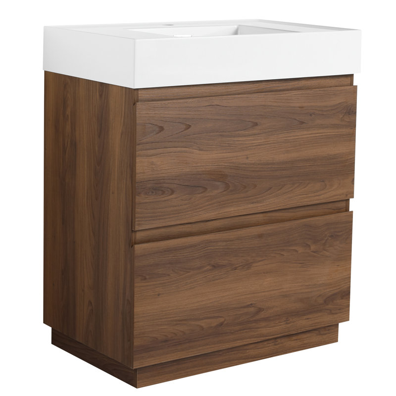 Meuble-lavabo 30 po avec lavabo simple - Armoire encastrée moderne avec rangement en bois brun de qualité supérieure à 2 tiroirs