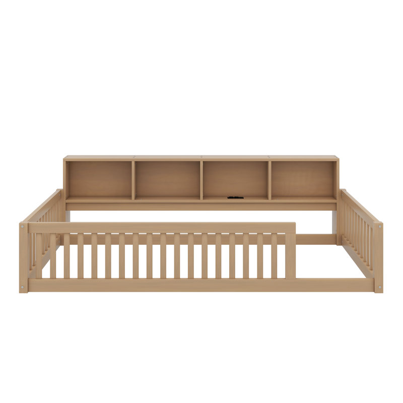 Wood Twin XL Size Floor Bed – With Built-In Storage Cabinets & USB Charging Ports, Brown
