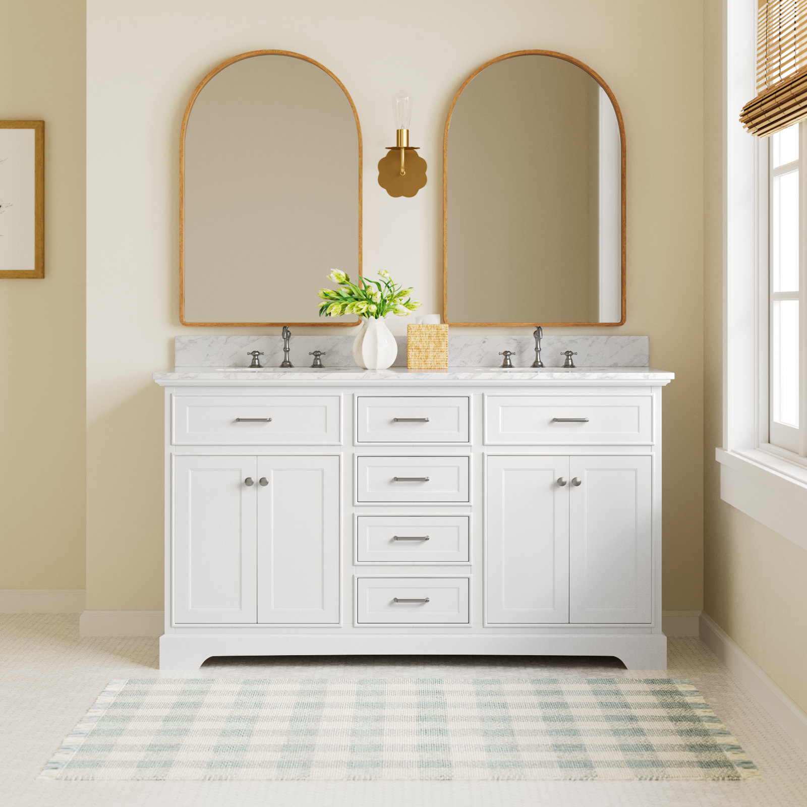Ronnie 60'' Double Bathroom Vanity, White, Carrara Marble