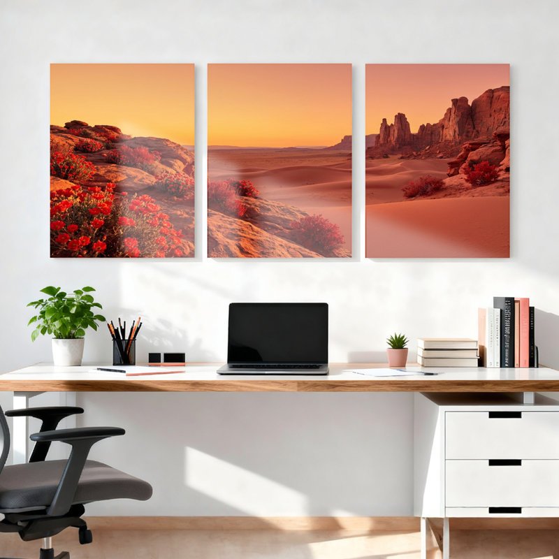 Ensemble de 3 tableaux sur toile tendue représentant un paysage désertique avec des fleurs rouges et des formations rocheuses