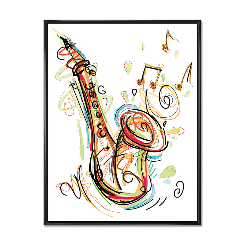 Musique, saxophone, dessin abstrait II - peinture, H 40 po x l 30 po x P 1,5 po, Cadre flottant noir