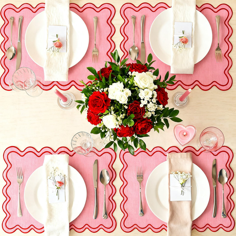 Napperons brodés, ensemble de 6 décorations de table de salle à manger (rose), Rose
