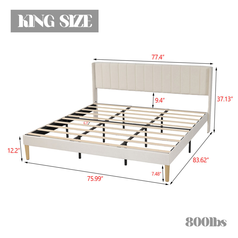 Lit plateforme tapissier avec tête de lit, Beige, Très grand