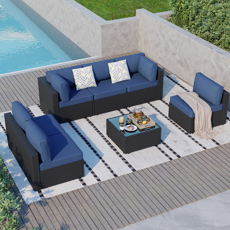  Distefano 7 Piece Outdoor Patio Set with Cushions, Navy/Black