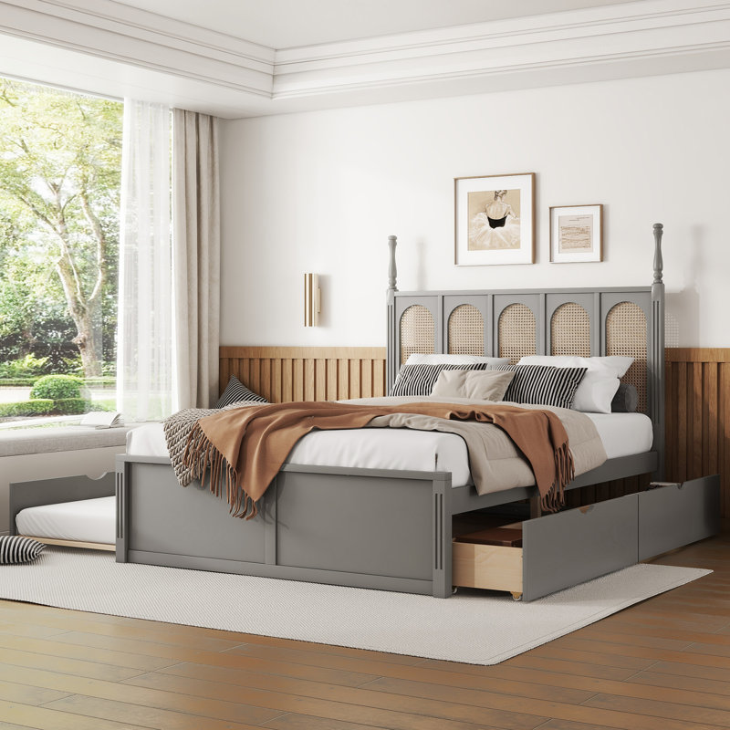 Grand lit plateforme en rotin avec 2 grands tiroirs, lit gigogne T, Gris