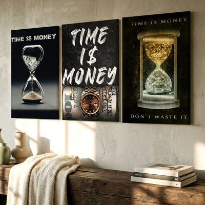 3 Pieces Time is Money Large Wall Art, Three Pieces Wall Art for Living Room, Bedroom, Office, Dining Room, and Stylish Modern Home Decor, Framed Look