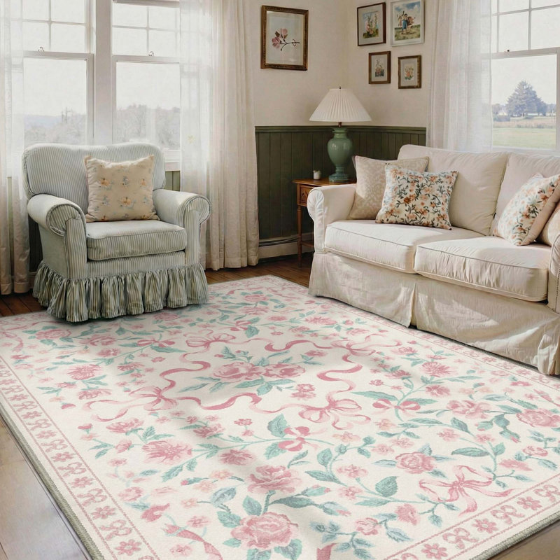 Atascadero Washable Area Rug, Boho Floral Soft Rugs for Living Room, Non Slip Low Pile Carpet for Bedroom, Dining Room, Nursery, Hallway, Pink