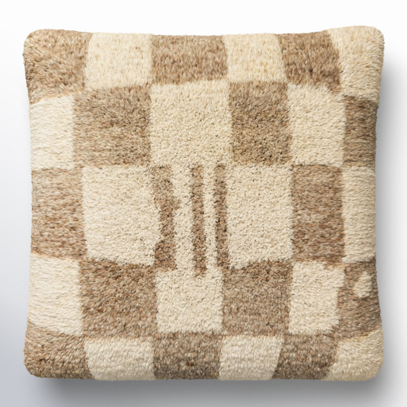 Raven Checkered Wool Blend Throw Pillow, Down, 22" x 22", Ivory