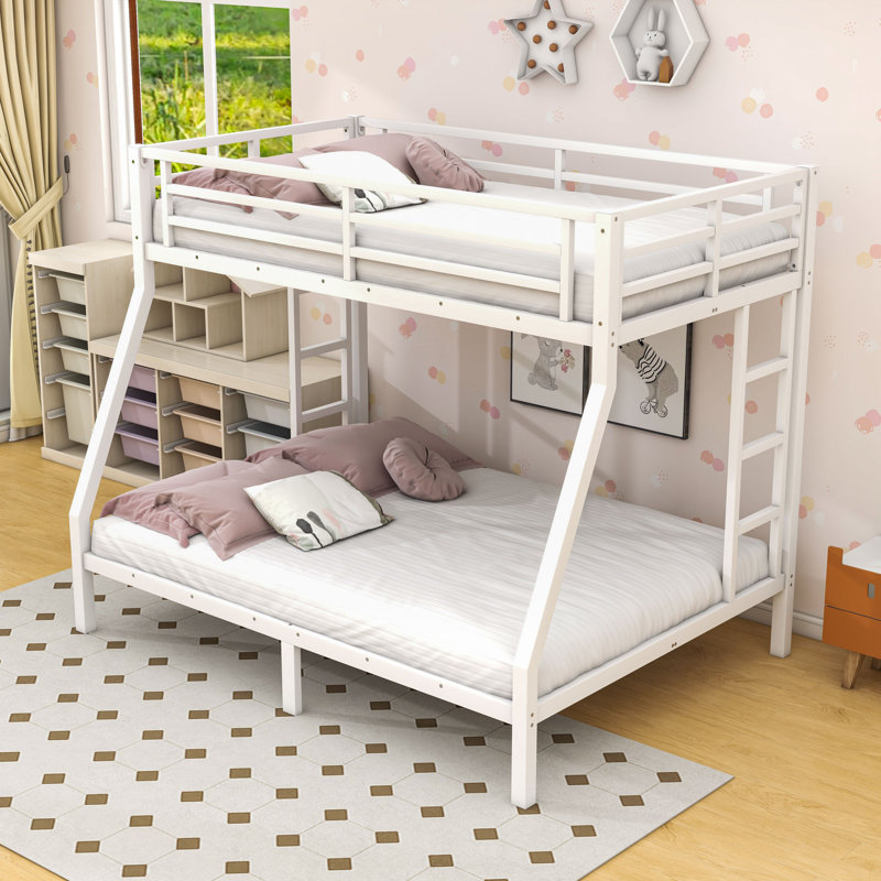 Metal Bunk Bed With Ladder And Guardrails, Twin Over Full, White