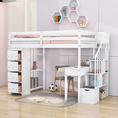 Twin Loft Bed With Integrated Desk, Shelves, Storage Stairs And Multiple Drawers