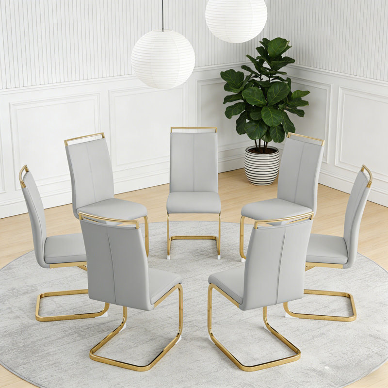 Ensemble de 6 chaises de salle à manger en faux cuir Rheese Modern avec base en métal et poignée supérieure, Gris clair, Doré