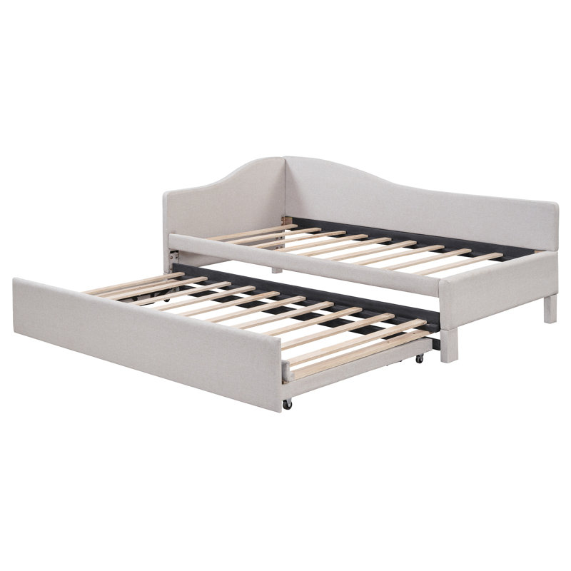 Twin Size L-Shaped Upholstered Daybed with Pop-Up Trundle,Corner Sofa Bed for Bedroom, Beige