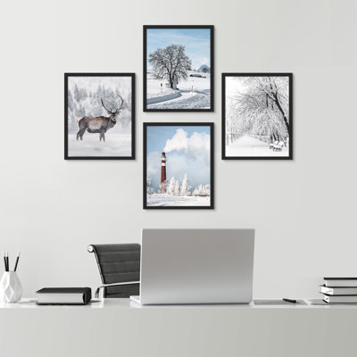 «Snowy Winter Autumn Frost Deer Forest Nature», reproduction d'art encadrée sur papier, 4 pièces